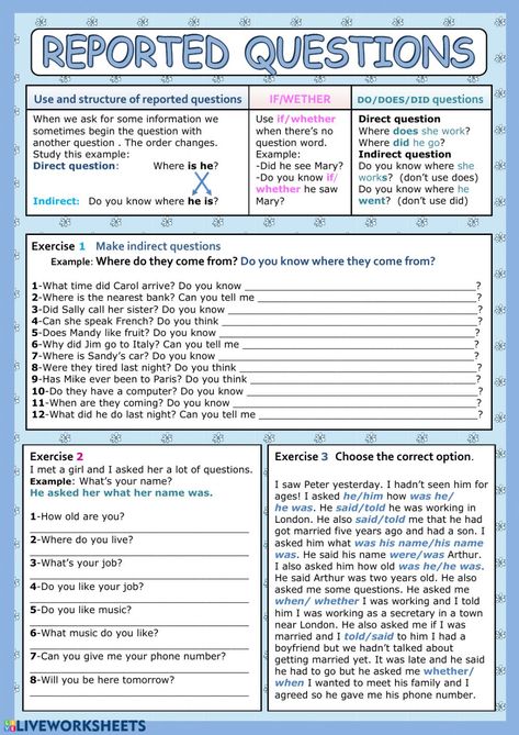 Reported speech ficha interactiva y descargable. Puedes hacer los ejercicios online o descargar la ficha como pdf. Reported Speech Questions, English Liveworksheet, Direct And Indirect Speech, Indirect Speech, Teach English To Kids, Reported Speech, English Grammar Book, Teaching English Grammar, Learning English For Kids