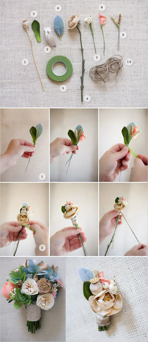 how to make a boutonniere.  1. Poppy Pods  2. Succulents  3. Birch bark  4. Lamb’s ear leaf  5.  Flower Tape  6. Ivory garden rose  7. Snowberries  8. Peach garden rose  9. Seeded Grasses  10. Twine Make A Boutonniere, Diy Wedding Bouquet Tutorial, Diy Boutonniere, Bouquet Tutorial, Make Flowers, Flowers For Wedding, Diy Wedding Bouquet, Fake Flower, Deco Floral