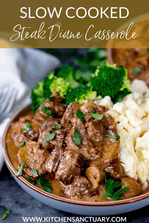 Slow Cooked Steak Diane Casserole - a great make-ahead meal, just thing if you're feeding a crowd! Cook in the oven, on the hob or in the slow cooker. #SlowCooker #Crockpot #SteakDiane #Casserole #SlowCooked #FamilyMeal Blade Steak Recipes, Slow Cooked Steak, Steak Diane Recipe, Blade Steak, Steak Casserole, Steak Diane, Slow Cooker Steak, Slow Cooker Casserole, Tender Steak