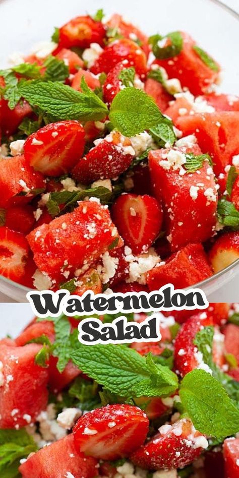 Watermelon Salad - healthy and refreshing summer salad with watermelon, feta cheese, strawberry and mint. This recipe is so easy and delicious! Watermelon Strawberry Feta Salad, Applesauce Healthy, Watermelon Salads, Quesadilla Healthy, Watermelon Salad With Feta Cheese, Eggplant Healthy, Quiche Healthy, Recipes Quiche, Watermelon And Feta Salad