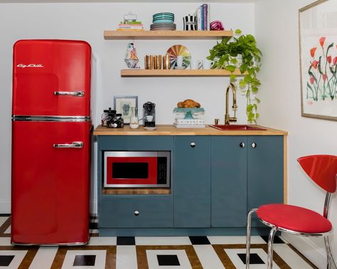 Red Fridge Kitchen, Red Fridge, Big Chill Appliances, Red Kitchens, Fridge Kitchen, Retro Fridge, Big Chill, North Carolina Homes, Mini Kitchen