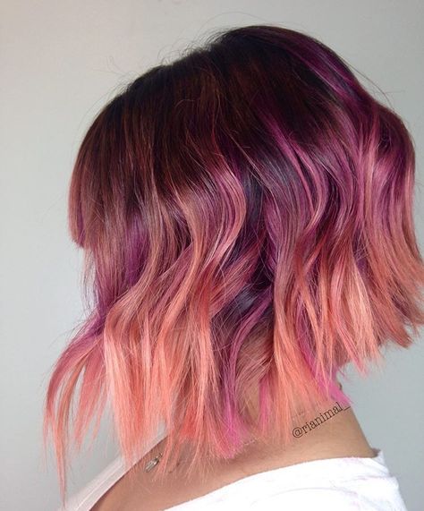 Purple And Coral Hair, Purple To Peach Ombre Hair, Purple And Pink Balayage, Purple And Peach Hair, Peach And Purple Hair, Pink And Purple Short Hair, Unique Hair Color Ideas, Unique Hair Color, Coral Hair