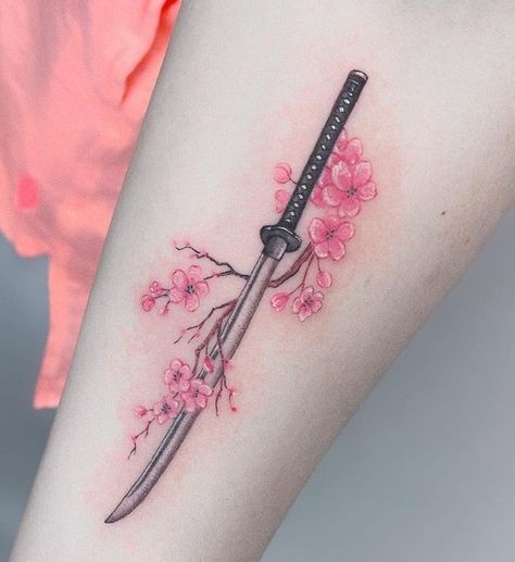 Swords Tattoo For Women, Demon Slayer Wisteria Tattoo, Nezuko Vine Tattoo, Sakura Blossom Tattoo, Japanese Tattoo For Women, Warrior Symbol Tattoo Female, Tattoo Ideas Japanese, Tattoo Sakura, Swords Tattoo