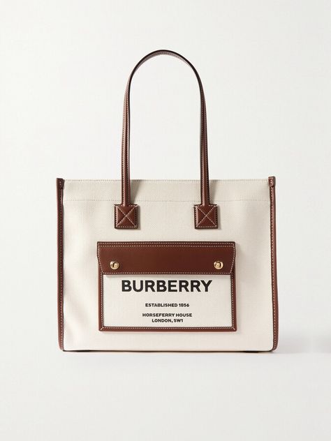 Burberry - Small Leather-trimmed Printed Canvas Tote - Neutrals Burberry Tote Bag, Burberry Tote, Ballet Pumps, Printed Canvas, Boot Pumps, Burberry Women, Watch Gifts, Weekend Trips, Black Canvas