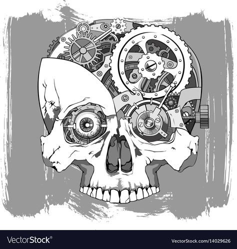 Mechanics Drawing, Steampunk Mechanic, Clock Work, Joker Artwork, Skulls Drawing, Steampunk Gears, Human Skull, Steampunk Art, Vector Drawing