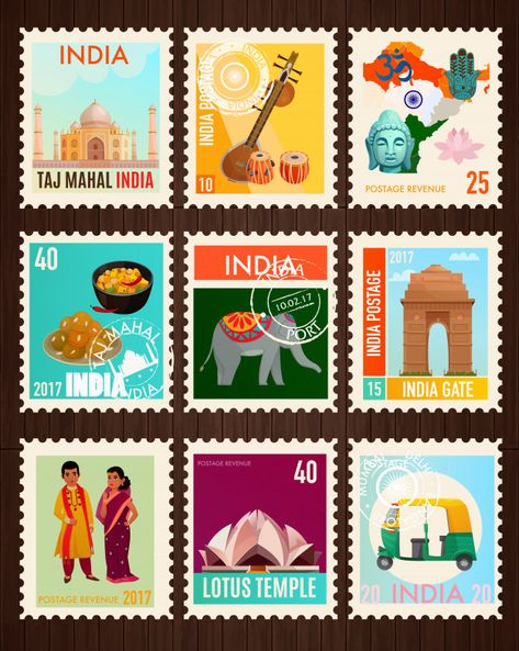 India stamp collection | Free Vector #Freepik #freevector #banner #travel #map #cartoon India Cartoon Illustrations, Indian Stamp Design, India Postage Stamp, Indian Stamps Postage, Indian Postal Stamps, Indian Stickers Printable, Post Stamp Illustration, India Illustration Doodles, India Illustrated