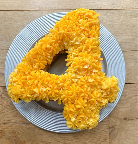 Yellow Number Cake, Number 4 Birthday Cake, 4 Birthday Cake, Yellow Birthday Cake, 4th Birthday Cake, Number Birthday Cakes, 4th Birthday Cakes, Yellow Birthday, Butter Icing