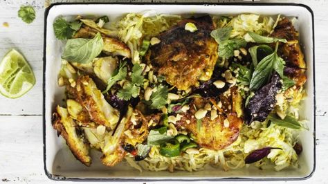 This Vietnamese-inspired chicken dish is supremely versatile. Serve it straight from the roasting tray, with rice and shaved wombok (cabbage), and crushed salted red-skinned peanuts over the top. A little fermented chilli paste mixed with the pan juices makes a nice condiment, too. Chicken thighs are perfect for this dish – they really take on the marinade and the connective tissue makes for a succulent result. For more intense flavour, marinate overnight. Lemongrass Recipes, Turmeric Chicken, Lemongrass Chicken, Rice Noodle Salad, Asian Slaw, Recipetin Eats, Green Papaya, Fresh Turmeric, Noodle Salad