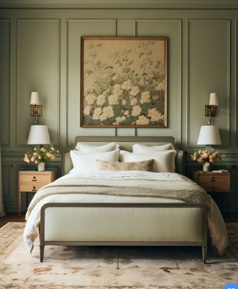 Bedroom Modern Traditional, English Country Bedroom Green, Traditional English Bedroom, Timeless Bedroom Design, Cute Guest Bedroom Ideas, Bedroom Ideas Interior Design, Traditional Bedroom Ideas, Green Guest Bedroom, French Bedroom Aesthetic