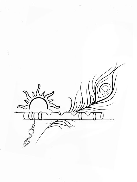 Flute Art Drawing, Krishna Feather Drawing, Flute With Peacock Feather Drawing, Krishna Mor Pankh Drawing, Krishna Flute Tattoo Design, Flute With Feather Tattoo Designs, Morpankh Drawing, Flute And Peacock Feather Tattoo, Flute And Feather