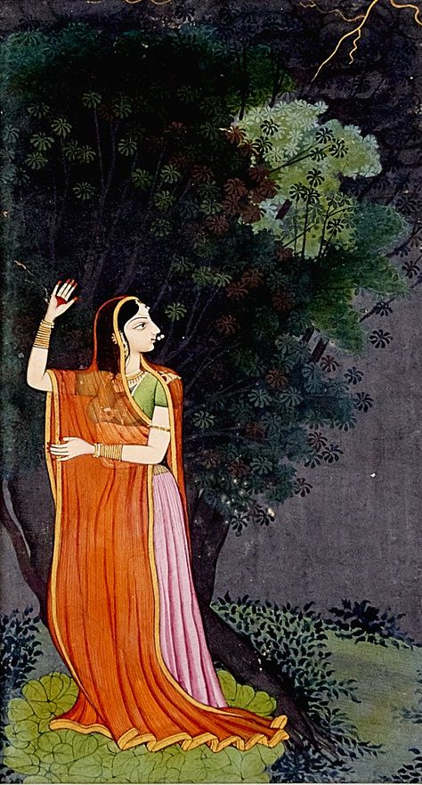 A C19th Indian miniature depicting Utka Nayika Pahari, possibly Kangra in a night scene looking u Pahari Painting, Mughal Miniature Paintings, Rajasthani Painting, Indian Traditional Paintings, Indian Miniature, India Painting, South Asian Art, Art Indian, Pichwai Paintings