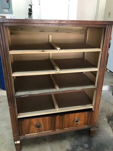 My sister had a "hole" in her kitchen that she wanted a special function cabinet and look. She wanted to repurpose an old dresser and use in that spot. We took a dresser and cut it down to fit in the space. But unbeknownst to us - the dresser isn't really wood - it's early American chipboard and plastic parts - YIKES!  But we did it - we cut the dresser down, removed the plastic embellishments, built a shelf where the top drawer used to be, built some doors, put wheels on a drawer, an… Kitchen Cabinet Diy, Cabinet Trim, Cabinet Diy, Repurposed Dresser, Dresser Shelves, Plywood Shelves, Update Cabinets, Wood Putty, Kitchen Dresser