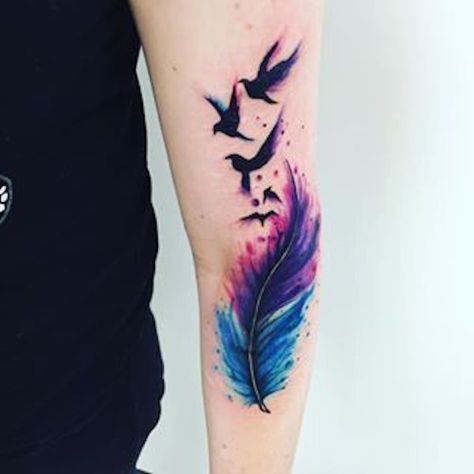 Feather and birds watercolor tattoo Feather Tattoo Arm, Feather Tattoo Colour, Lotusblume Tattoo, Dragons Tattoo, Tattoo Diy, Dove Tattoo, Feather Tattoo Design, Celtic Tattoo, Inspiration Tattoos