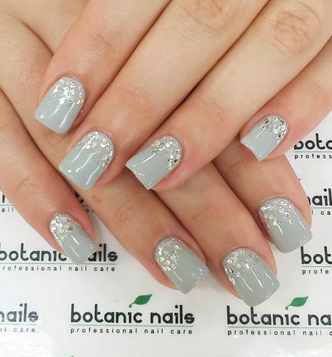 Blue gray and sequins nail art. Light and cheery looking nail art with the help of silver sequins added on top near the cuticle part of the nails. Gray Nail Art Designs, Gray Nail Art, Grey Gel Nails, Light Gray Nails, Gray Nail, Grey Nail Art, Grey Acrylic Nails, Grey Nail Polish, Gray Shades