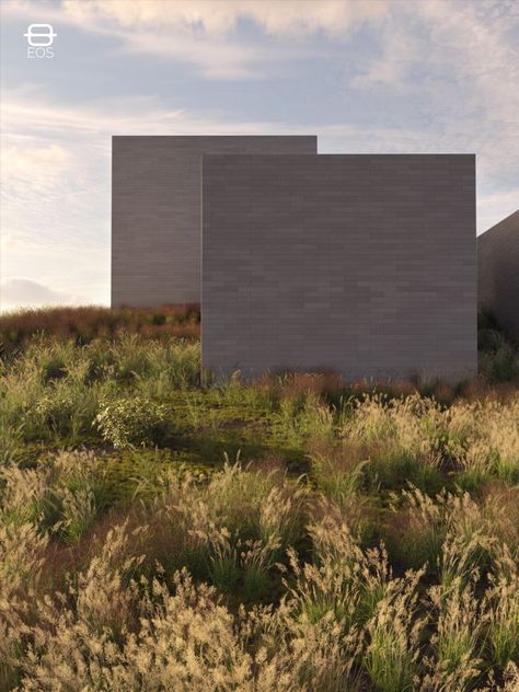 Photorealistic Rendering of Glenstone Museum. 3D model and rendering by EOS Visions. Full CGI. The concrete blocks have an intentionally varied tint, achieved by mixing different amounts of cement in the mixture. Photorealistic Rendering, Living Styles, Concrete Blocks, Eos, Cement