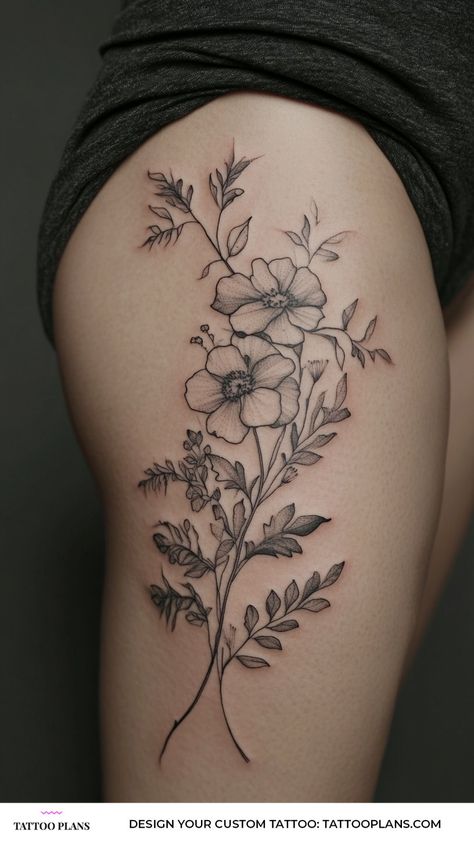 Thigh Tattoos for Women - Tattoo Plans Carnation Flower Tattoo Thigh, Wildflower Thigh Tattoo, Womens Thigh Tattoo, Front Thigh Tattoo, Women Thigh Tattoo, Thigh Flower Tattoo, Female Thigh Tattoos, Front Thigh Tattoos, Thigh Tattoos For Women