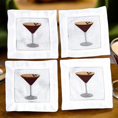 Elevate your bar cart decor with this stylish set of four espresso martini embroidered cocktail napkins. Perfect for adding a touch of sophistication to your next gathering. Handmade with care, these napkins are a must-have for any cocktail enthusiast. Make a statement at your next cocktail party with this set of four espresso martini embroidered cocktail napkins. #embroidery #etsy #espressomartini #shopsmall #barcartdecor Espresso Martini Embroidery, Martini Glass Embroidery, Napkins Embroidery, Embroidered Cocktail Napkins Wedding, Cocktail Napkins Embroidered, Initialed Fabric Cocktail Napkins, Embroidered Cocktail Napkins, Cart Decor, Bar Cart Decor