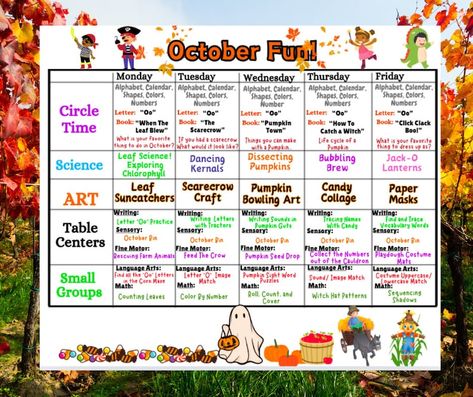 October Fun Pre-k Lesson Plan - Etsy October Curriculum Themes, October Pre K Lesson Plans, October Circle Time Activities, Prek Weekly Lesson Plan, Activity Plan For Preschoolers, Prek October Themes, Lesson Plan Preschool Ideas, October Toddler Lesson Plans, Fall Large Motor Activities For Toddlers