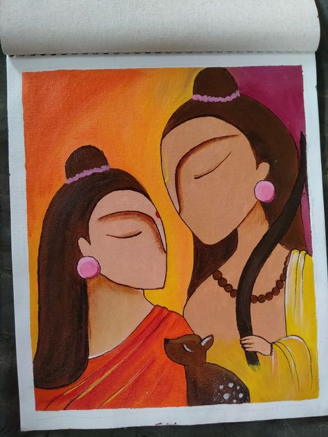 Ram Ji Abstract Painting, Ram Sita Water Colour Painting, Easy Indian Paintings, Drawing Ideas Aesthetic Colorful, Ram Sita Modern Art, Eyeshadow Painting, Sita Ram Drawing, Composition Painting, Easy Mandala Drawing