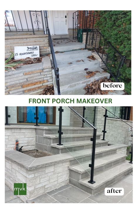 🌿🏡 Front Porch Makeover Alert! 🌟  Transform your exterior with a stunning natural stone veneer. Add beautiful planters and elegant steps for that perfect curb appeal. Ready to elevate your entrance? Let’s design your dream porch together! Call MVK Landscape Design today!  #FrontPorchMakeover #ExteriorDesign #NaturalStoneVeneer #MVKLandscapeDesign #PlanterPerfection #StylishSteps Stone Stairs Outdoor Front Porches, Cement Front Steps, Front Steps Makeover, Rancher Homes, Front Porch Stairs, Cement Steps, Front Porch Remodel, Beautiful Planters, Cape Cod House Exterior