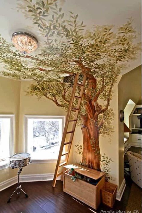 12 BRILLIANT INDOOR TREE HOUSES Apartemen Studio, Creative Kids Rooms, Tree Mural, Charcoal Drawings, Secret Rooms, Design Del Prodotto, The Ceiling, Cool Rooms, Kids' Room