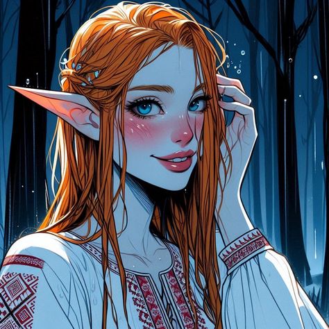 Red Head Elf, Cozy Apothecary, Green Hair Character, Skyrim Ideas, Elven Kingdom, Fantasia Art, Fairy Drawings, Forest Elf, Red Head