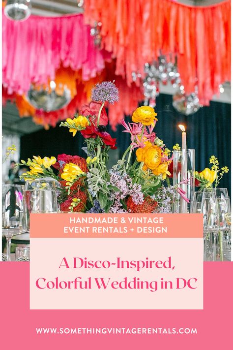 Colorful, disco themed wedding ideas. Industrial wedding venue in Washington, DC, Dock 5. Bright, vibrant event decor, florals, candles & disco ball centerpieces, hanging disco ball & tinsel streamers installation. Something Vintage Rentals is the East Coast's premier event rental & decor company. High-quality, unique & creative furniture & decor to rent for weddings, corporate events & parties. Trend-setting event rental pieces & decor for rent, custom decor, backdrops, displays & furniture. Disco Wedding Decorations, Disco Wedding Centerpieces, Disco Ball Decor Party, Disco Ball Wedding Reception, Disco Centerpieces, Disco Ball Centerpiece Ideas, Disco Ball Centerpieces, Disco Theme Wedding, Disco Ball Centerpiece