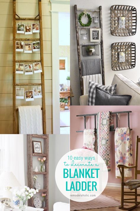 A blanket ladder can do more than organize quilts and throw blankets! Make a vintage or DIY wood ladder a beautiful part of your home decor with these ladder decorating ideas. #blanketladder #diyladder #ladderdecor Decorate A Blanket Ladder, Diy Ladder Decor, Ladder Decor Living Room, Decorative Ladder Ideas, Ladder Crafts, Repurpose Ladder, Blanket Ladder Ideas, Blanket Ladder Living Room, Old Ladder Decor