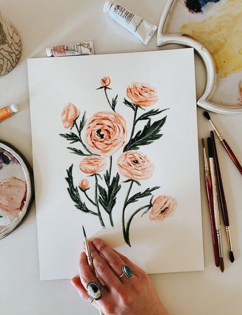 Ranunculus Painting, Ranunculus Flower, Botanical Home Decor, Botanical Home, Reflection Art, Watercolor Pencil, Architecture Drawing Art, Print Flower, Aesthetic Painting