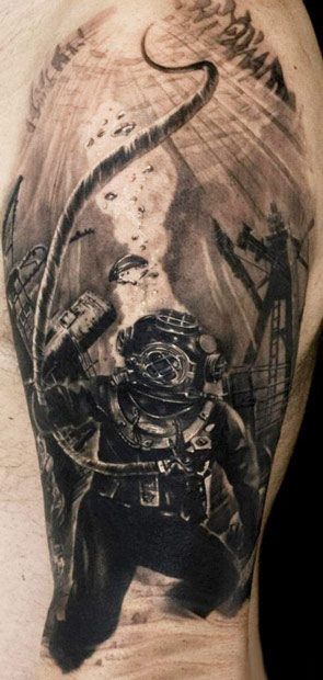 Realistic Movies Tattoo by Carl Löfqvist | Tattoo No. 8224 Old School Scuba Diver Tattoo, Old Diver Tattoo, Old Scuba Diver Tattoo, Old School Diver Tattoo, Sunlight Tattoo, Scuba Tattoo, Diving Tattoo, Pirate Skull Tattoos, Underwater Tattoo