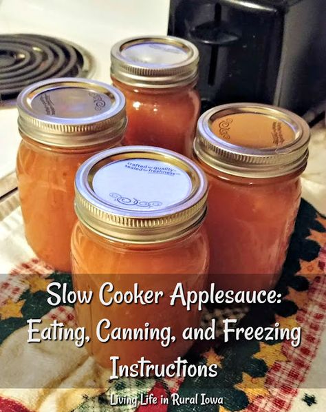 Slow Cooker Applesauce: Eating, Canning, and Freezing Instructions - Living Life in Rural Iowa Recipe For Canning Applesauce, Canning Crockpot Applesauce, Crockpot Apple Sauce For Canning, Canned Applesauce Crock Pot, Applesauce Recipes Crockpot Canning, Crock Pot Applesauce For Canning, Making Applesauce In Crockpot, Slow Cooker Applesauce For Canning, Crockpot Applesauce Canning