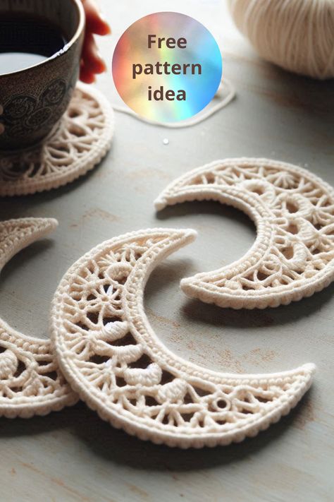 Crochet a set of elegant crescent moon coasters with this simple and stylish pattern. Perfect for adding a celestial touch to your home décor! Crochet Crescent Moon, Crescent Moon, Crochet Clothes, Home Décor, Crescent, Free Crochet, Free Pattern, Coasters, Crochet Patterns