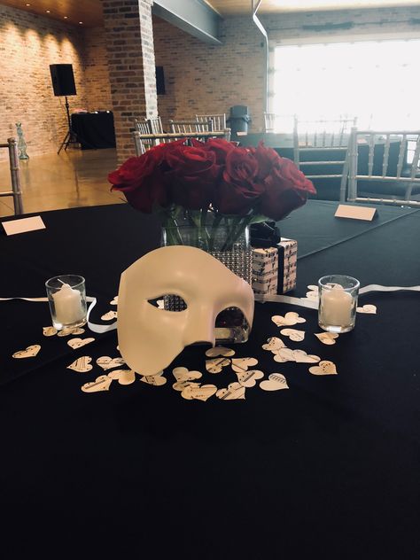 Phantom of the Opera centerpiece #phantom #phantomoftheopera #centerpieces #eventdesign Phantom Of The Opera Centerpieces Ideas, Masquerade Ball Table Decor, Masquerade Bridal Shower Ideas, Phantom Of The Opera Prom Theme, Phantom Of The Opera Centerpieces, Phantom Of The Opera Party Decorations, Phantom Of The Opera Theme Party, Phantom Of The Opera Party Ideas, Mascarade Quince