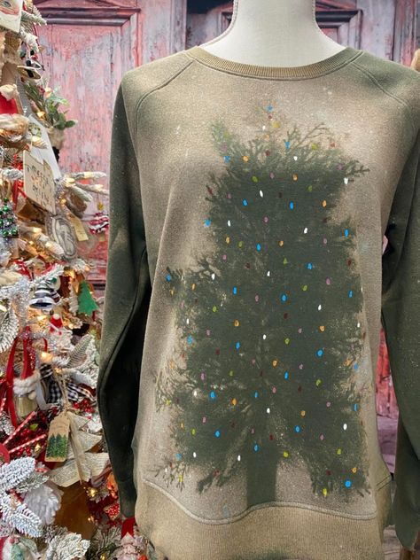 DIY Christmas Tree Sweatshirt - The Shabby Tree Holiday Sweatshirts Diy, Christmas Bleached Shirts Diy, Bleached Christmas Shirt Ideas, Bleach Christmas Shirts Diy, Bleach Christmas Shirts, Bleached Christmas Sweatshirt, Bleached Sweatshirt Ideas Diy, Bleaching Sweatshirts Diy, Painting On Sweatshirts