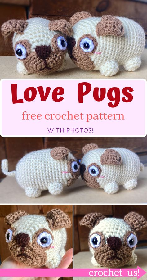 Love Pugs: An Adorably Romantic Crochet Pattern - Crafty Kitty Crochet Crochet Dogs, Romantic Crochet, Granny Square Pattern Free, Crochet Stuffies, Crocheted Animals, Kids Crochet Pattern, Crochet Dog Patterns, Crocheted Toys, Amazing Crochet