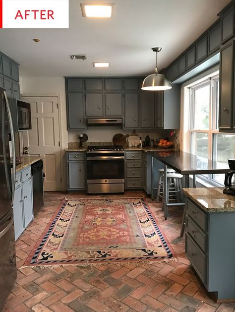 Love the table by the window, the brick floor and rug, and the cabinet color. Brick Floor Kitchen, Brown Granite Countertops, Kitchen Goals, Blue Kitchen Cabinets, Brown Cabinets, House Makeover, Rental House, Casas Coloniales, Smitten Kitchen