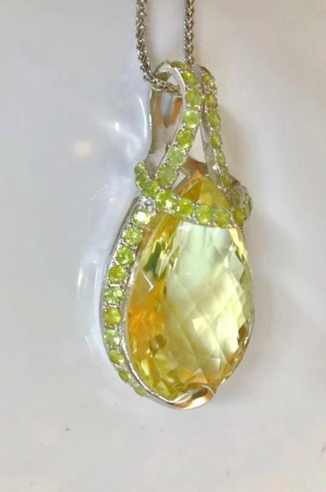 Large 118 CTS Pear Cut Yellow Citrine Silver Pendant, Citrine with 49 Round Cut Green Peridot, Natural Multi Gemstones, Length 70mm Gemstones Pendant, Citrine Pendant, Peridot Green, Peridot Stone, Yellow Citrine, Citrine Stone, Natural Citrine, Green Peridot, Citrine Gemstone