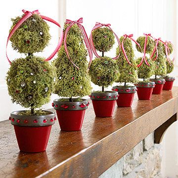 Easy Project- Need small Flower Pots, Wooden Dowel to poke through Styrofoam shapes (Don't forget a styrofoam  to fit inside the flower pot for support) Green Moss ,Ribbon, beads or craft jewels.  use a tacky glue-no hot glue Door Decorations For Christmas, Winter Urns, Christmas Topiaries, Tabletop Topiary, Door For Christmas, Winter Pots, Holiday Front Door, Front Door Decorations, Christmas Topiary