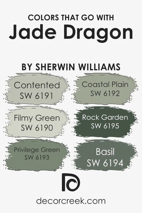 Colors that Go With Jade Dragon SW 9129 by Sherwin Williams Jade Dragon Sherwin Williams, Filmy Green, Sherwin Williams Green, Blue Green Paints, Trim Colors, Jade Dragon, Green Paint Colors, Paint Color Palettes, Cute House