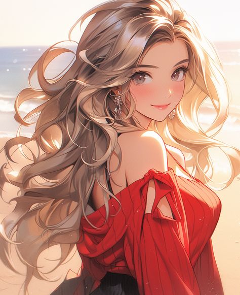 Blonde Haired Anime Female, Anime Blonde Hair Female, Anime Photo Profile Cool, Blonde Hair Characters, Dress Illustration, Girly Art Illustrations, Blonde Women, Girls Characters, Sunset Beach