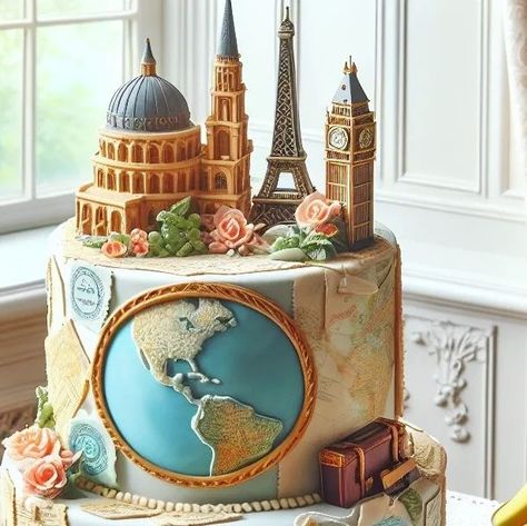 Adventure Cake Ideas, Travel Theme Cake, Adventure Cake, Incredible Cakes, City Cake, Travel Cake, Amazing Food Decoration, Travel Theme, Instagram Travel