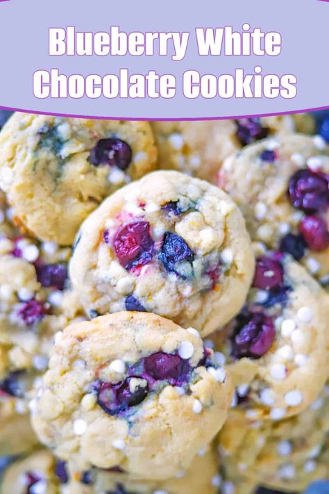 Satisfy cookie cravings with these yummy blueberry white chocolate chip cookies. Bursting with juicy blueberries & creamy white chocolate. Blueberry White Chocolate Cookies, Blueberry White Chocolate Chip Cookies, Blueberry Crumble Coffee Cake, Blueberry White Chocolate, Best Vegan Cookies, Cookie Dough Filling, Cookie Recipes For Kids, Cookie Recipes From Scratch, Triple Chocolate Cookies