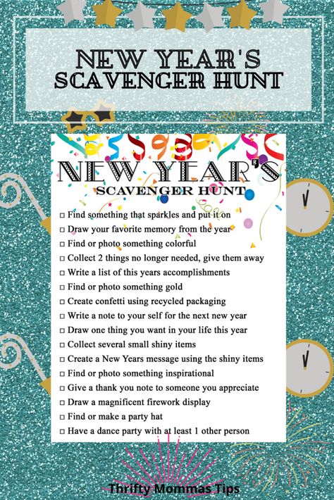 Happy New Year Scavenger Hunt - Thrifty Mommas Tips New Years Scavenger Hunt, Neighborhood Scavenger Hunt, Goodbye 2022, Nye 2023, Scavenger Hunt List, New Year Printables, Kids New Years Eve, New Year's Eve Activities, New Years Eve Food