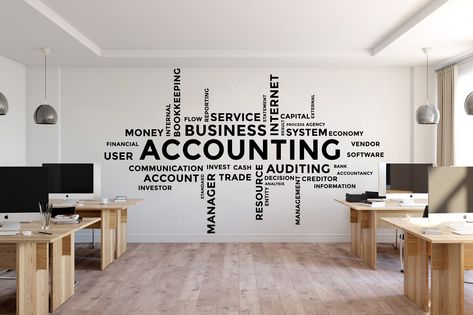 Excited to share the latest addition to my #etsy shop: Accounting Decor Office Wall Decal Idea Teamwork Business Worker Inspire Office Decoration Motivation Stickers Mural Unique Gift 2499ER https://etsy.me/33VuT0Z #bedroom #walldecal #customizeddecals #officewalldecal Tax Office Decor Ideas, Accounting Office, Office Wall Design, Office Wall Decals, Library Wall, Norfolk Va, Wall Tattoo, Painting Quotes, Wall Vinyl