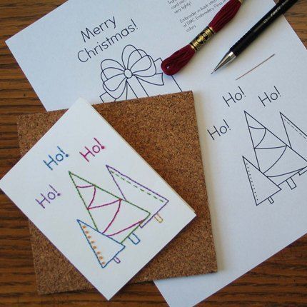 Free pattern and tutorial: Embroidered Christmas cards – Needle Work Crafts Christmas card DIY Make your own handmade stamped Embroidered Christmas Cards, Embroidered Cards, Card Embroidery, Rubber Stamp Crafts, Stitched Cards, Christmas Embroidery Patterns, Stitching Cards, Embroidered Christmas, Card Pattern