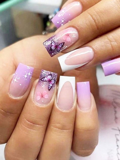 Instantly Upgrade Your Look With 24pcs Short Square Butterfly Pattern Full Cover Fake Nail Set Press On Nails Nail Supplies | SHEIN USA Butterfly Square Nails, Short Nails Butterfly, Short Nails For Kids, Butterfly Nails Short, Fake Nails For Kids, Disney Acrylic Nails, Gold Acrylic Nails, Butterfly Nail Designs, Fashion Clothes For Men