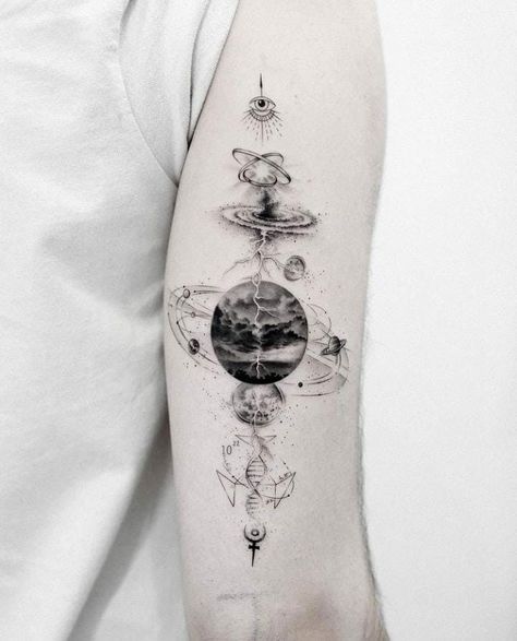 Matrix Tattoo Ideas, Alchemy Tattoos, Geometric Universe Tattoo, Compass Tattoos Arm, Esoteric Tattoo, Tattoo Universe, Tricep Tattoos, Alchemy Tattoo, Geometric Sleeve Tattoo