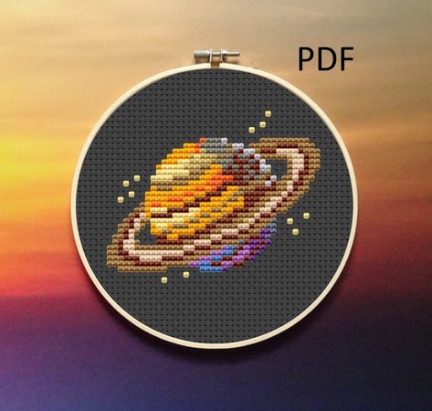 Saturn Cross Stitch, Galaxy Cross Stitch, Galaxy Cross, Planet Saturn, Embroidered Cross, Mini Cross Stitch, Stitch Embroidery, Color Chart, Cross Stitch Pattern