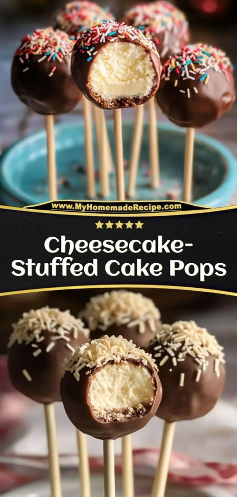 These Cheesecake-Stuffed Cake Pops combine moist cake and a creamy cheesecake center, all dipped in chocolate for a fun and indulgent treat. Ingredients: 1 baked cake, crumbled 1 cup cream cheese 1 cup melted chocolate Sticks for assembly A fun twist on classic cake pops with a creamy surprise inside Cheesecake Pops Recipe, Chocolate Dipped Cheesecake, Cheesecake Truffles Recipe, Cheesecake Cake Pops, Homemade Cake Pops, Pops Recipes, Cake Pop Recipes, Cheesecake Pops, Cake Pops Recipe