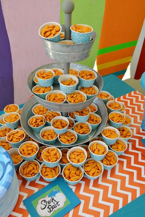 Sharks and surfing birthday party food! See more party planning ideas at CatchMyParty.com! Surfing Birthday Party, Nemo Birthday Party, Nemo Party, Nemo Birthday, Shark Themed Birthday Party, Surf Party, Bubble Guppies Birthday, Beach Birthday Party, Pool Birthday